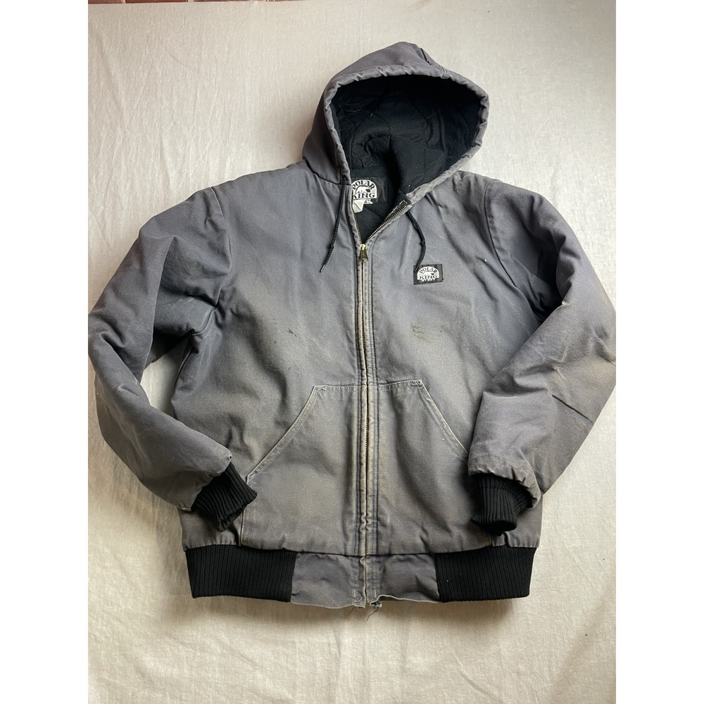Vintage 90s Polar King Gray Mens L Long Canvas Fleece Lined Hoodie Work Jacket